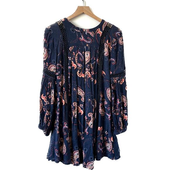 Free People Just The Two Of Us Paisley Blue Tunic Top Dress Size S - Picture 11 of 12